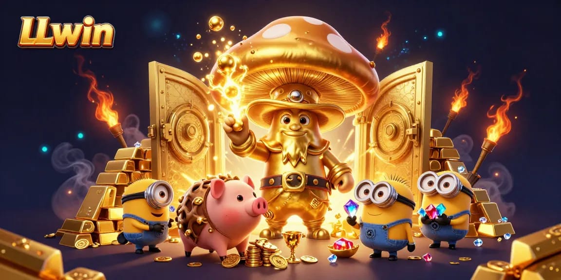 Experience the magic of LLwin's golden treasures and thrilling casino adventures in this vibrant illustration.