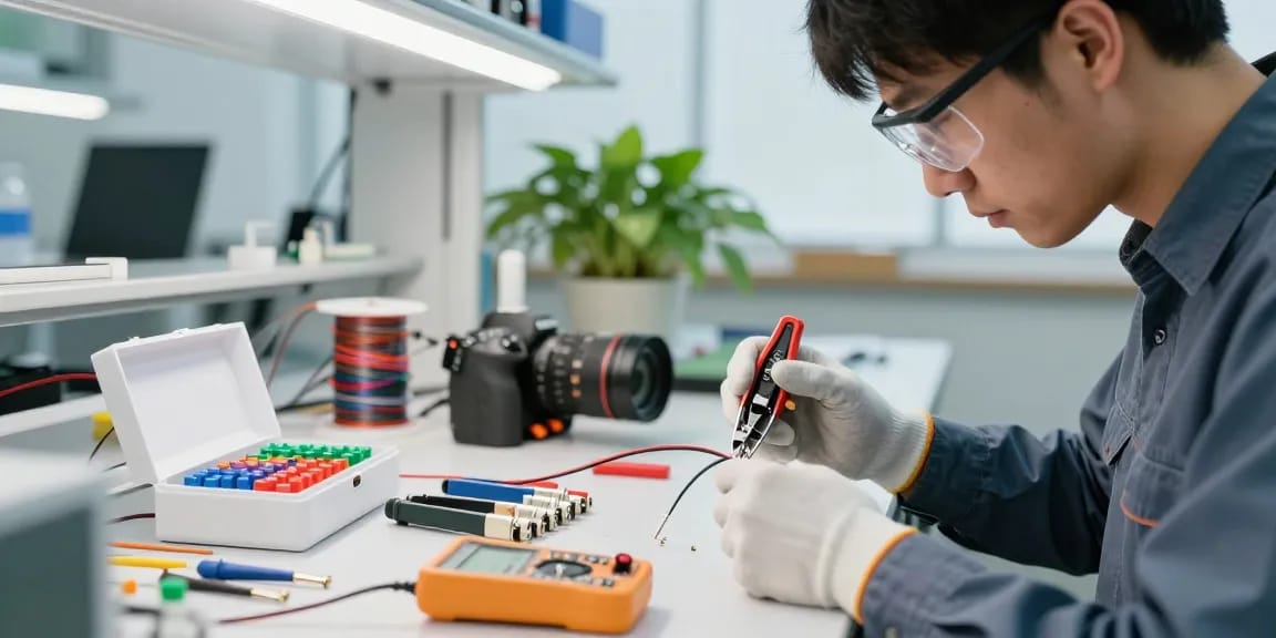 Engineer using crimp connectors in a modern electronics lab with tools and components.