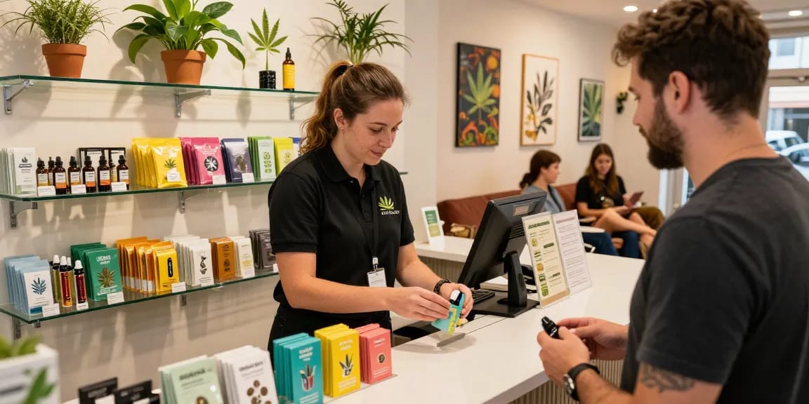 Buy Delta 8 THC Cannabis in Europe at a friendly dispensary, showcasing diverse products and customer interactions.