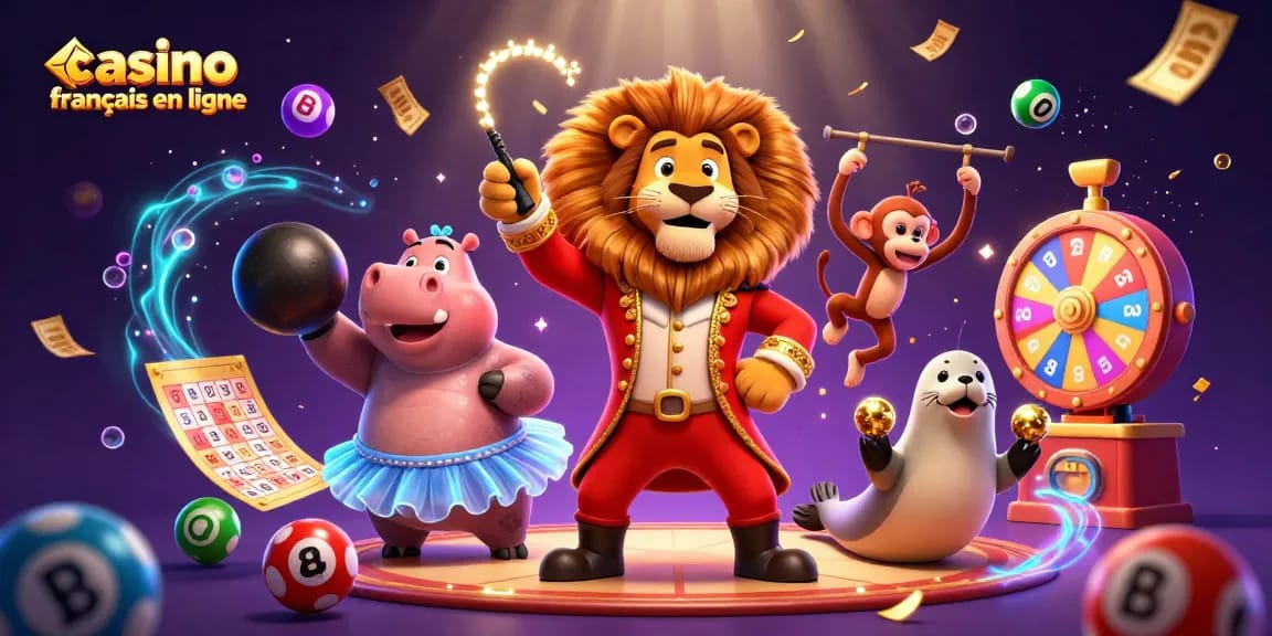 Jouez au casino français en ligne avec cette scène dynamique de personnages de cirque animés illustrant les jeux de loterie.
