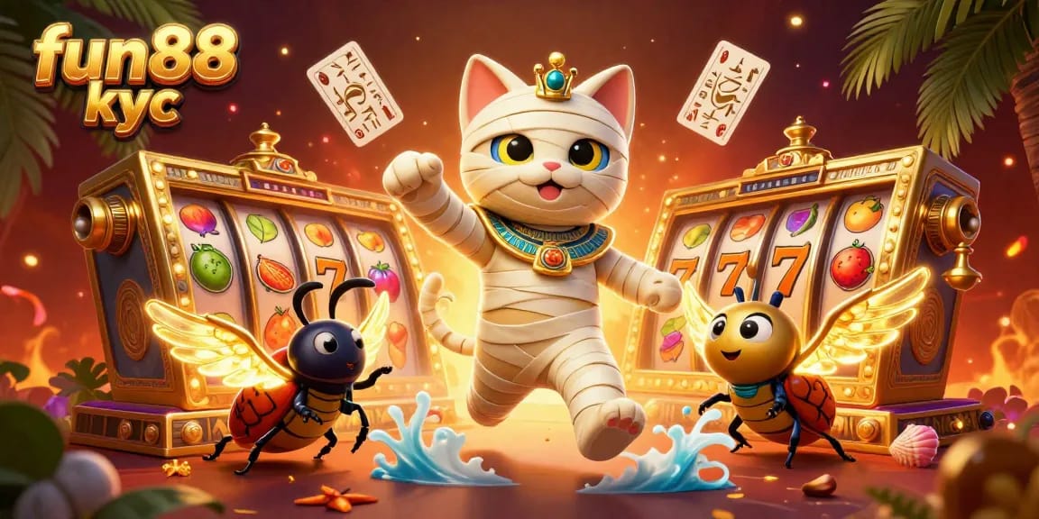 Trải nghiệm cá cược đỉnh cao với fun88 kyc, một cảnh đầy sắc màu với chú mèo xác ướp Ai Cập và nhiều biểu tượng may mắn.