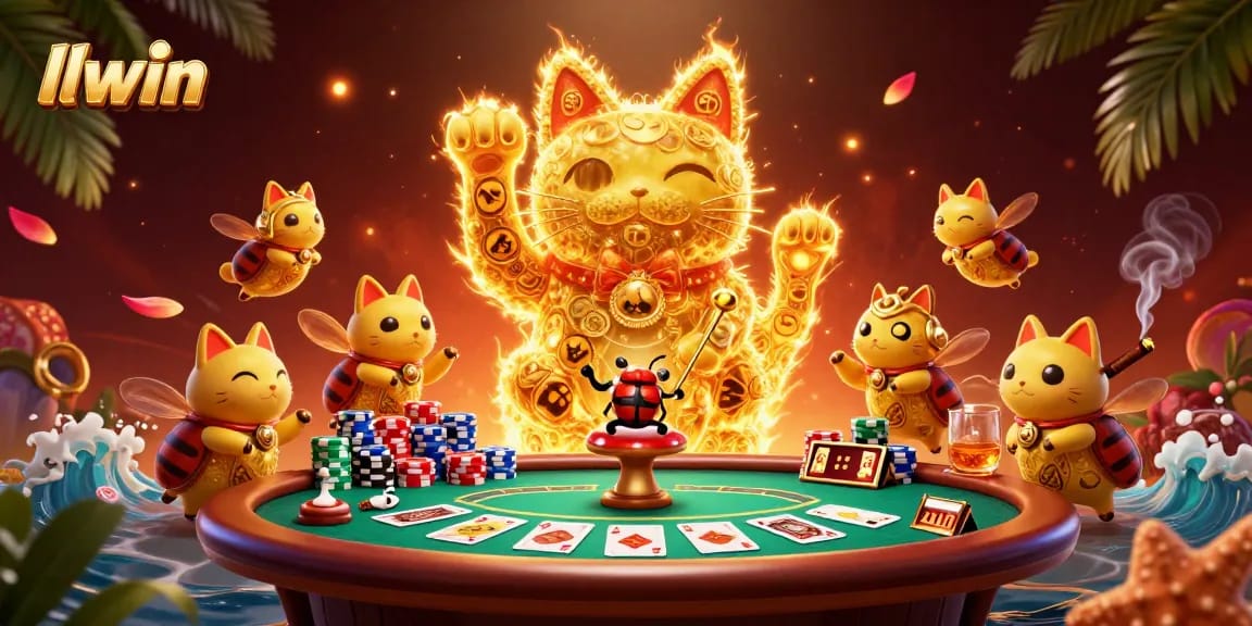 Experience the vibrant world of llwin as a lucky cat waves amidst dynamic casino symbols and poker elements.