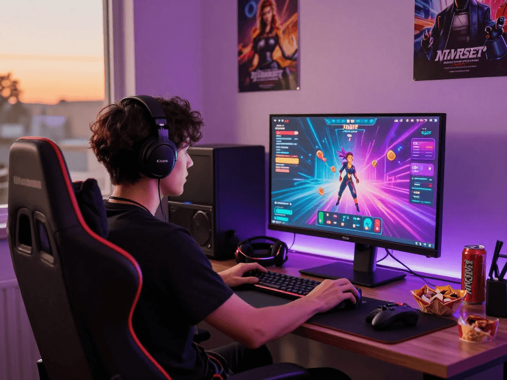 Gamer immersed in a vibrant sex game environment with interactive graphics.