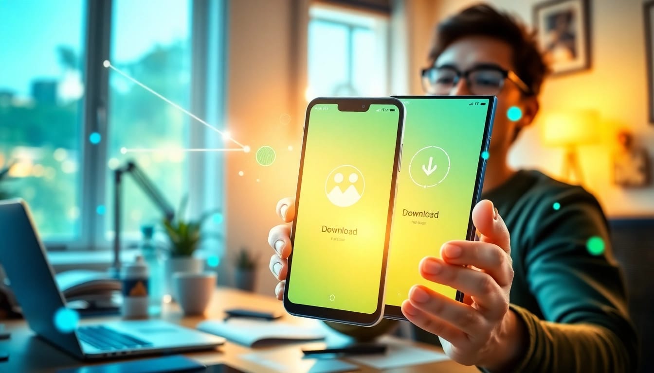 快连下载 application on Android phone being downloaded in a modern tech home office.