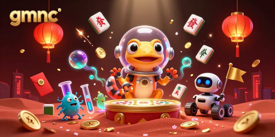 Explore gmnc's vibrant Martian casino with a gecko, celebrating gaming and risk analysis.