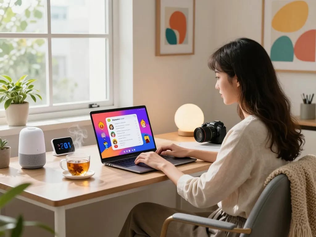 Engaging with spicychat AI chatbot in a cozy modern home office