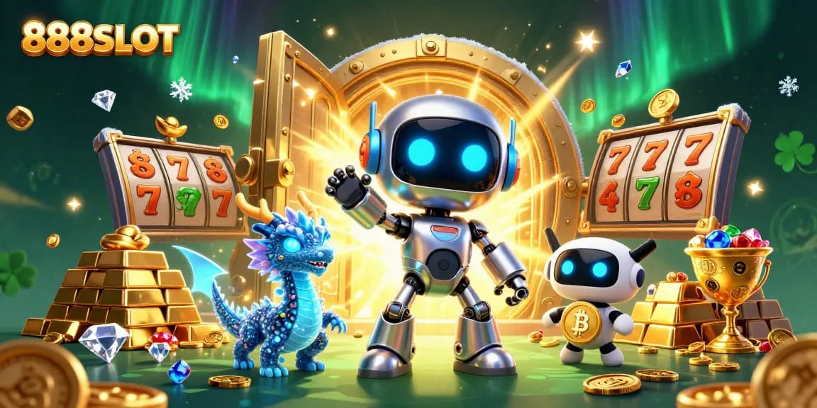 Experience big wins with 888SLOT's vibrant cyberpunk themed gaming illustration showcasing exciting slot elements.