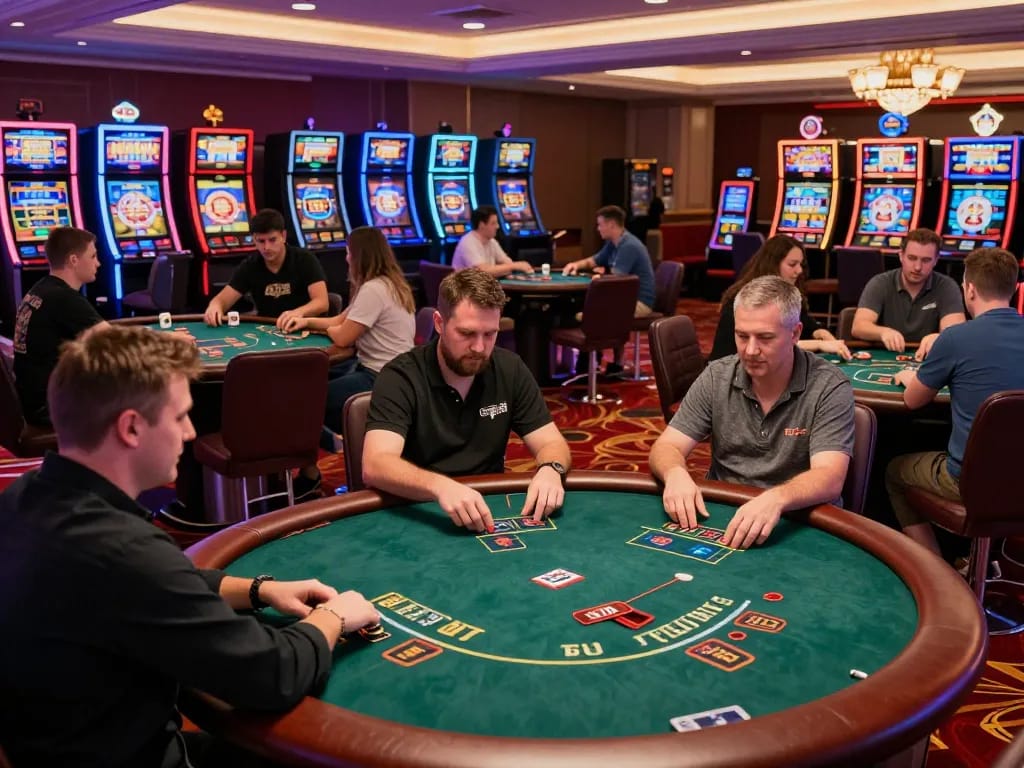 Players enjoying diverse games at F168 casino, with vibrant atmosphere and excitement.