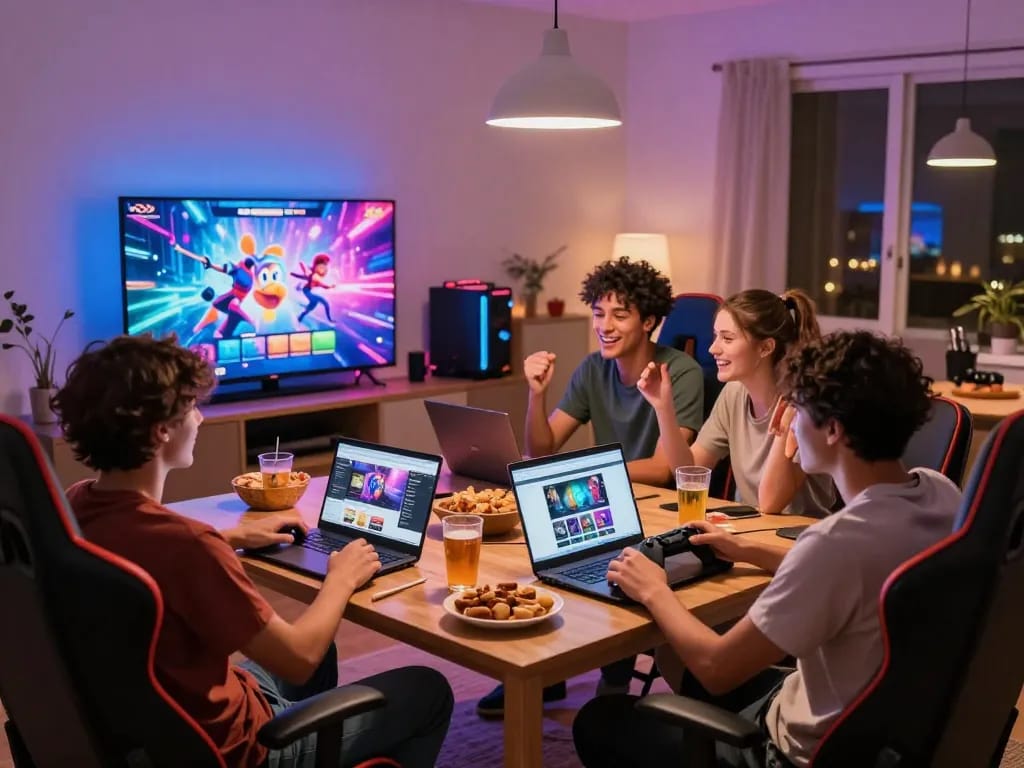 Friends enjoying sex games online in a cozy gaming setup with snacks and colorful lights.