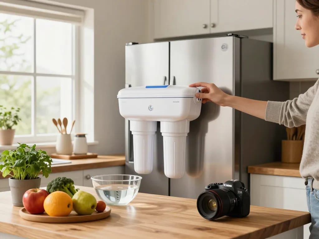 Homeowner replacing Overbest OB6013 Replacement for GE® MWF® water filter in a bright kitchen.