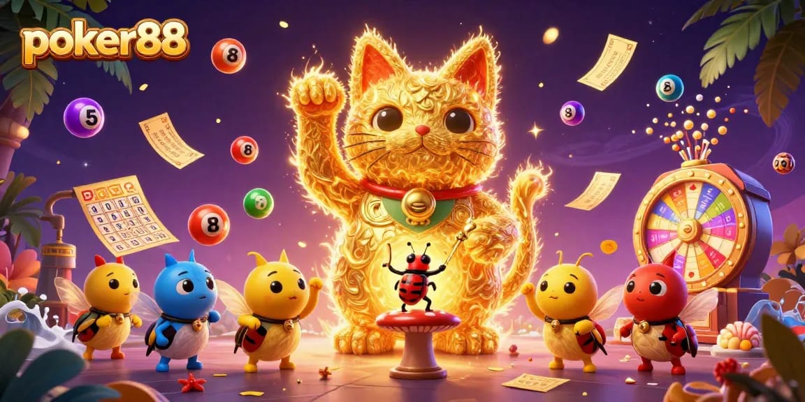 Experience thrilling poker88 action with a stunning golden lucky cat and dynamic casino elements.