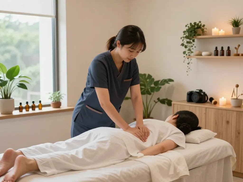 편안한 요소로 평화로운 치료 분위기를 나타내는 오피스타 스튜디오에서의 휴식 마사지 세션.
