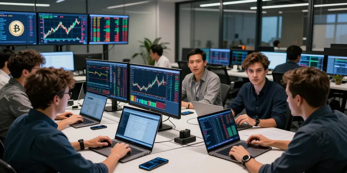 Traders at 업투익스체인지 analyzing cryptocurrency prices in a modern exchange environment.
