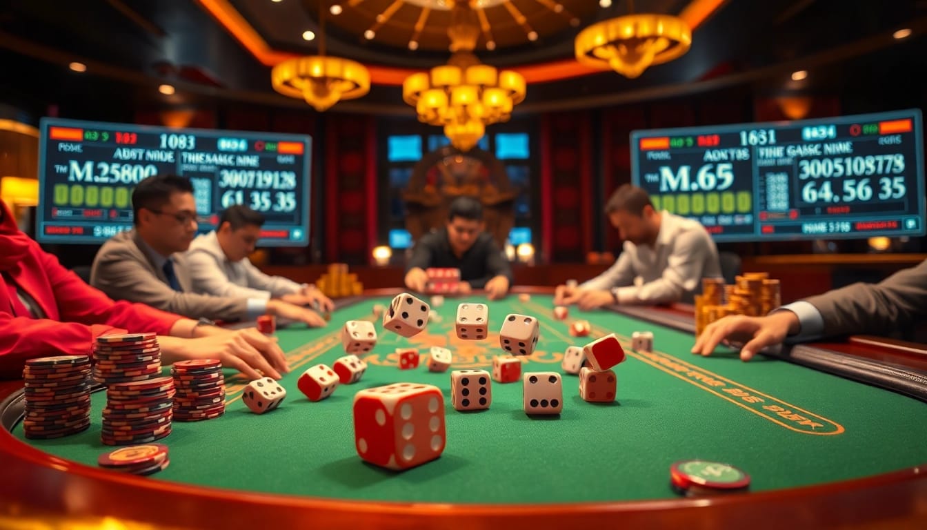 Exciting Tài Xỉu MD5 action at a casino table with vibrant dice and engaged players.