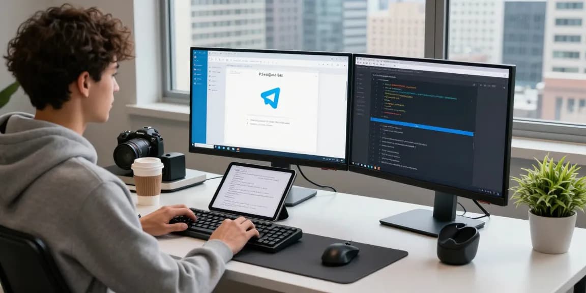 Developer programming telegram中文版 interface on multiple monitors in a modern tech workspace.