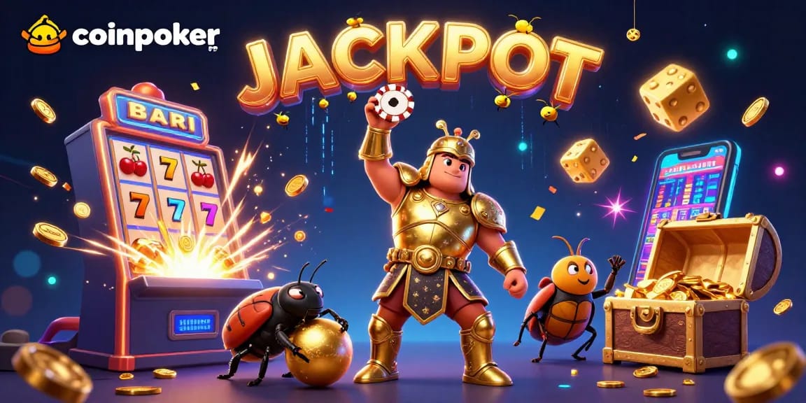 Scopri l'app coinpoker app con un'illustrazione vivace e dettagliata di un guerriero scarabeo che solleva un cerchio della vittoria!