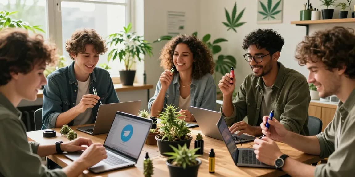 Engaged cannabis enthusiasts exploring thc vape telegram uk in a vibrant community setting.