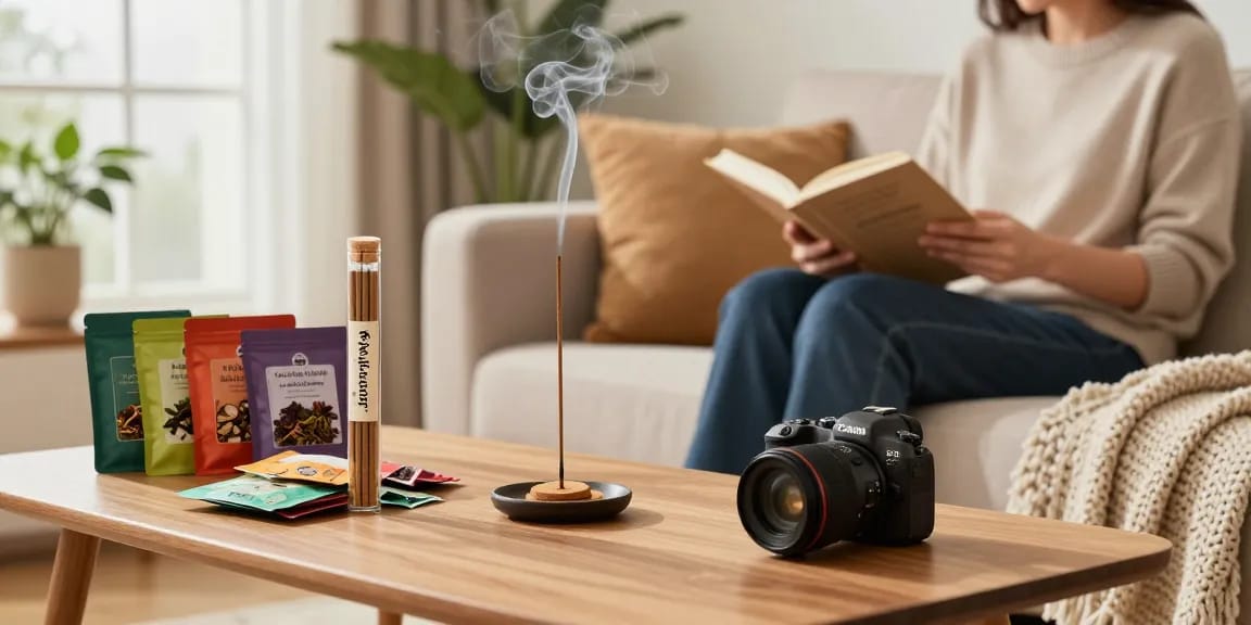 Buy Mr. Happy Potpourri Incense enhances relaxation in a cozy living room.