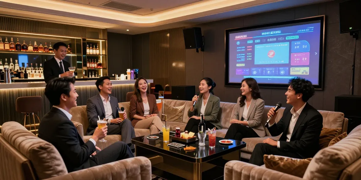 강남쩜오에서 고객들이 즐겁게 노래하고 있는 고급스러운 카라오케 룸의 모습