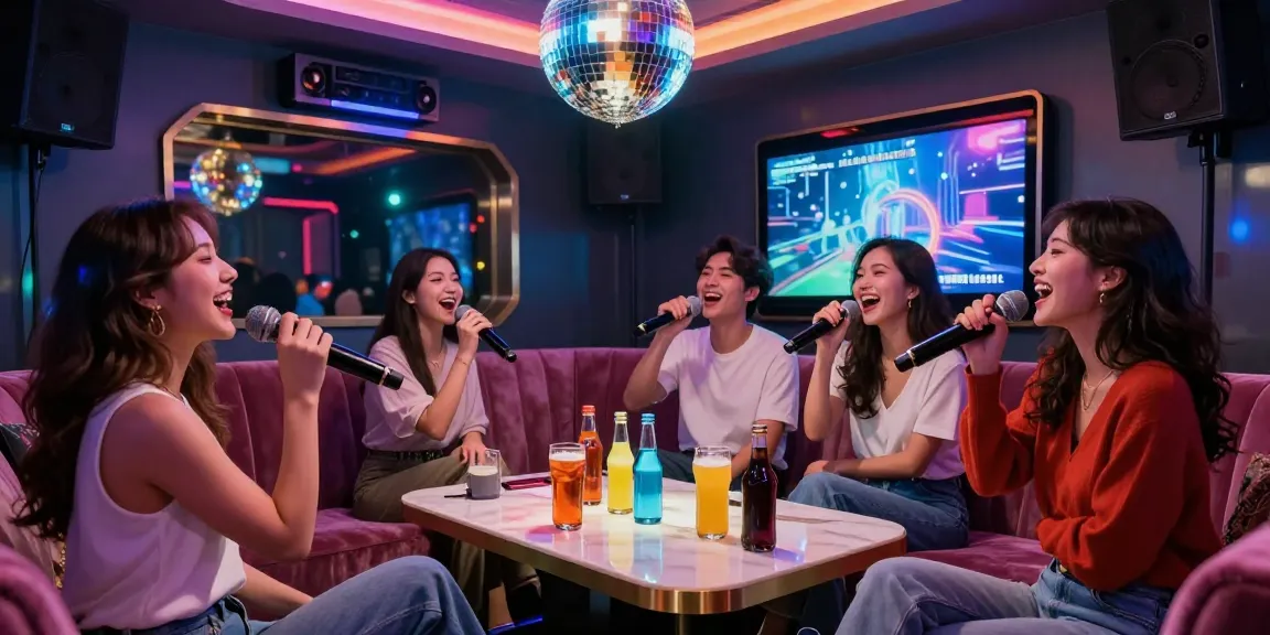 강남가라오케에서 친구들과 함께 즐겁게 노래하는 모습과 화려한 조명, 세련된 좌석 구조