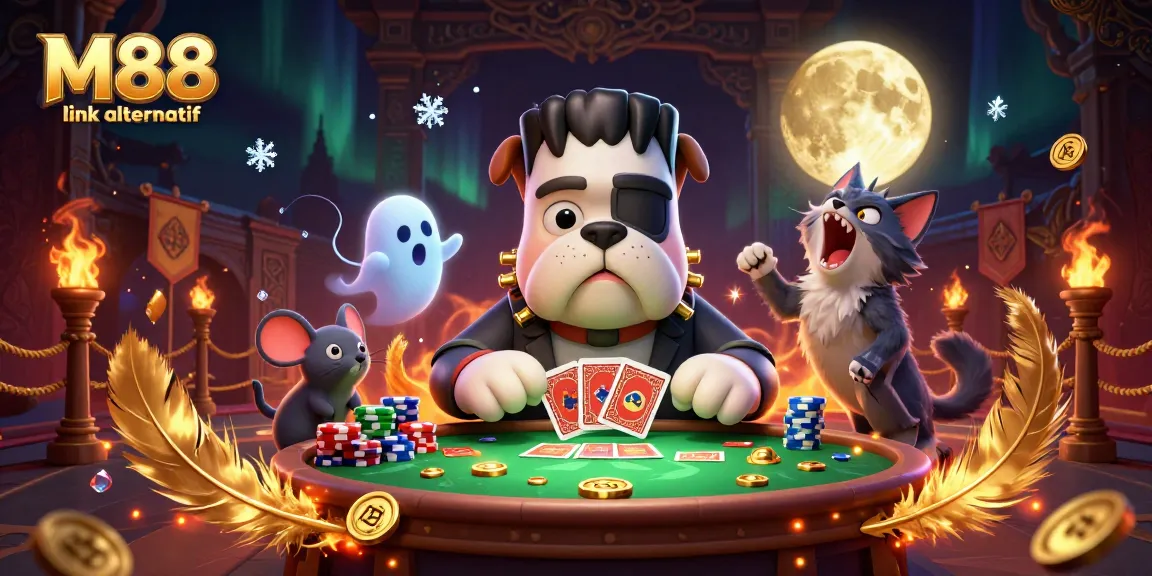 M88 link alternatif features a whimsical scene with a Frankenstein bulldog dealer and gambling elements.