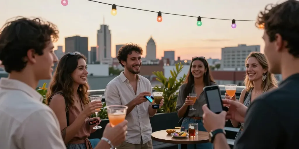Friends sharing Hitz infinity Gen 7 disposables at a rooftop party during sunset.
