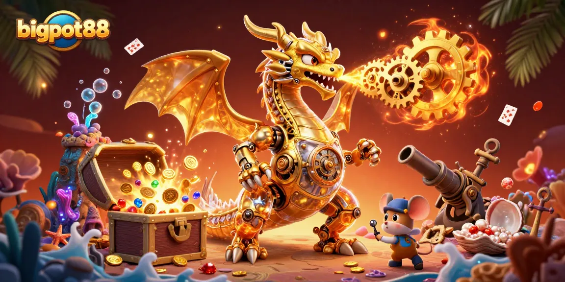Engage in thrilling action at bigpot88 with a cartoon dragon and treasures in a vibrant casino world.