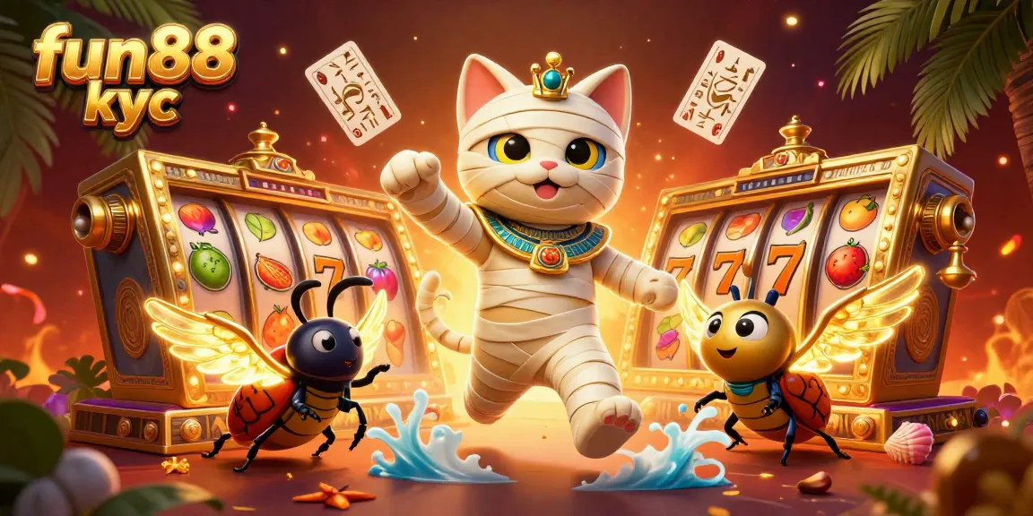 Trải nghiệm cá cược đỉnh cao với fun88 kyc, một cảnh đầy sắc màu với chú mèo xác ướp Ai Cập và nhiều biểu tượng may mắn.