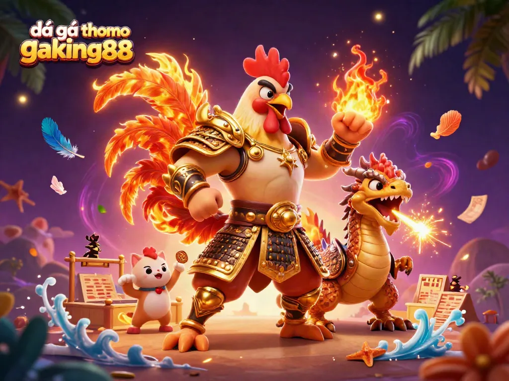 Watch thrilling đá gà thomo gaking88 action unfold in a dynamic cartoon illustration featuring a rooster warrior.