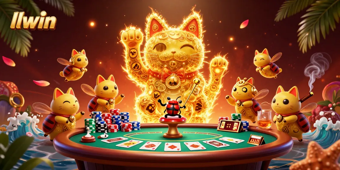 Experience the vibrant world of llwin as a lucky cat waves amidst dynamic casino symbols and poker elements.