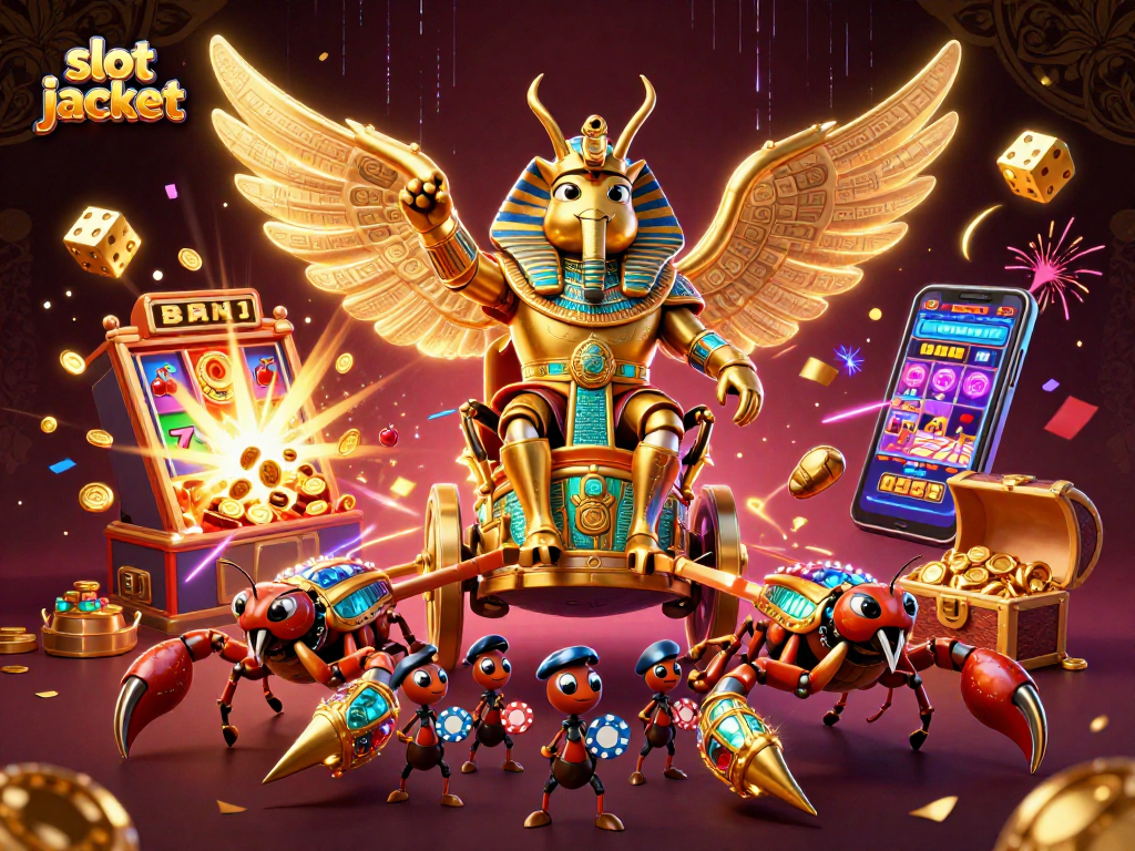 Experience the thrill of winning with slot jackpot as a colossal scarab beetle leads the chase for coins.