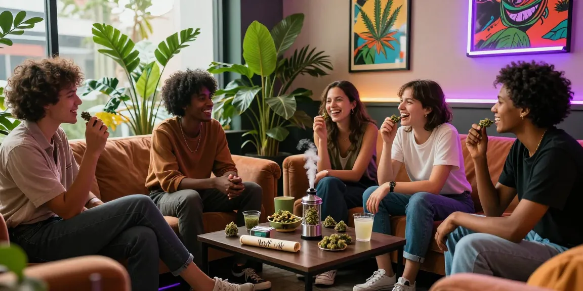 Group of friends celebrating with moonrocks in a vibrant cannabis lounge, showcasing social enjoyment and vibrant atmosphere.