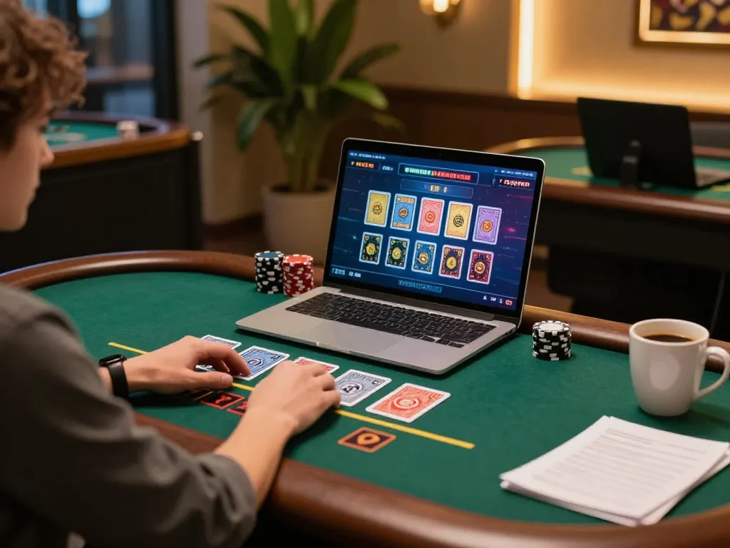 Person engaging in online blackjack at a stylish desk setup with tr88it logo visible on screen, creating an inviting gaming atmosphere.
