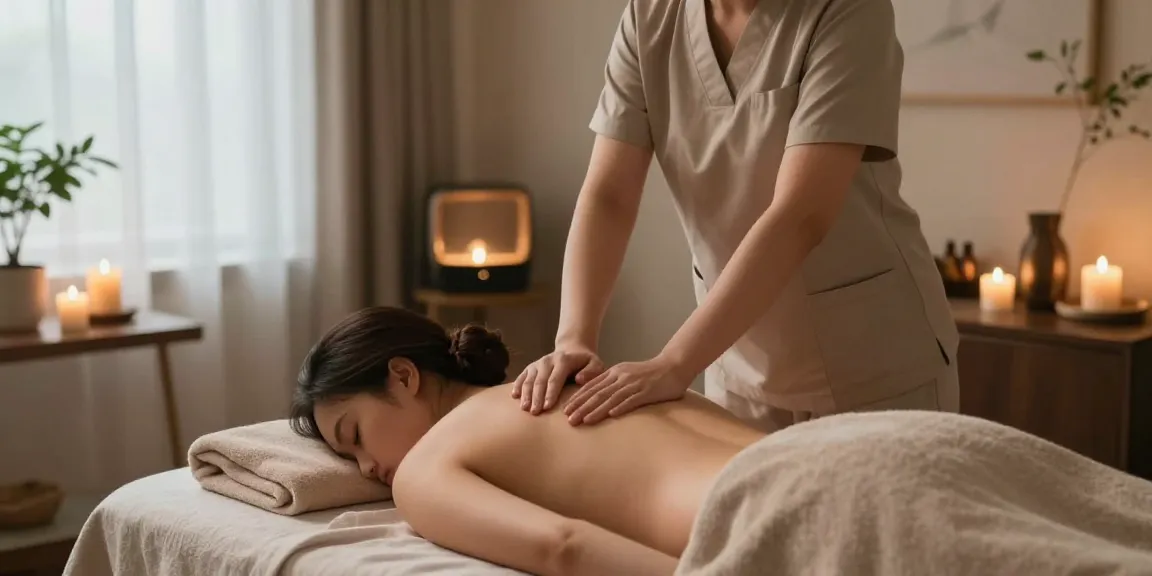 스웨디시 마사지를 받고 있는 고객과 치료 중인 마사지사, 편안한 치료실에서 아늑한 분위기로 편안함을 선사합니다.