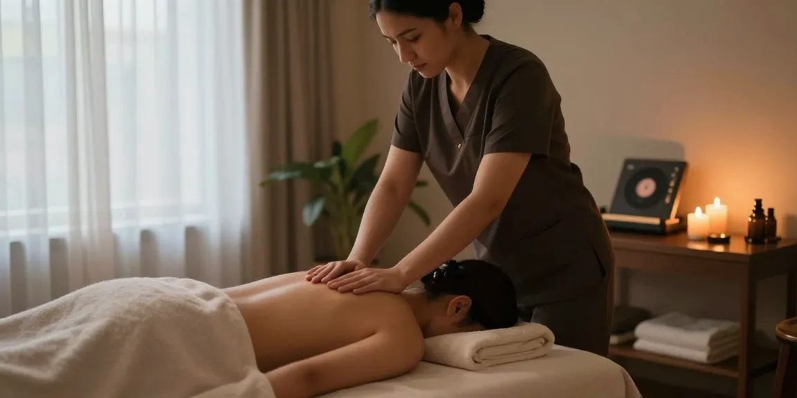 노원출장안마를 위한 편안한 마사지 치료 공간에서 전문 마사지 치료사가 고객에게 마사지를 제공하고 있습니다.