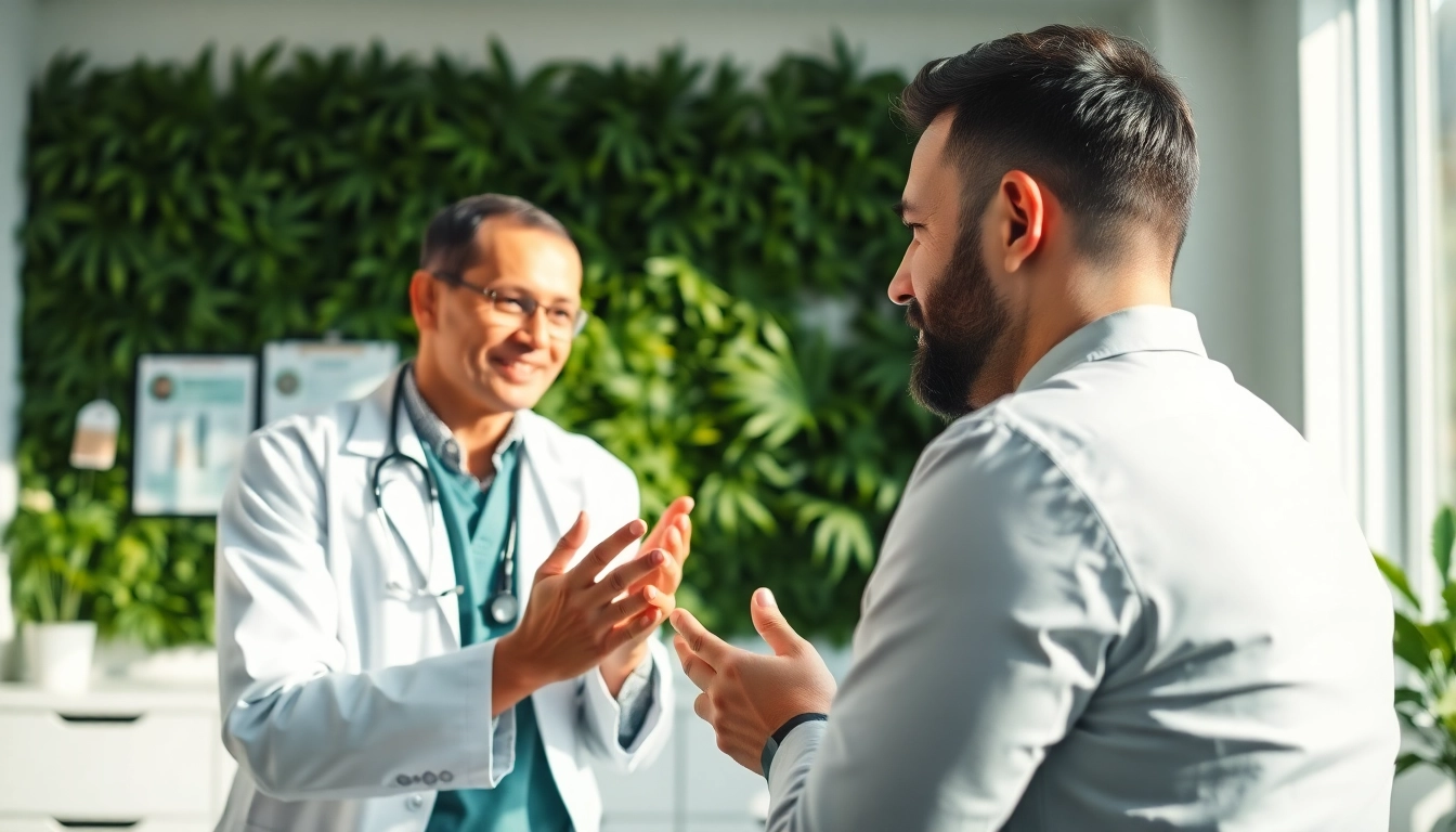 A Medical cannabis Doctor consulting a patient in a welcoming clinic environment.