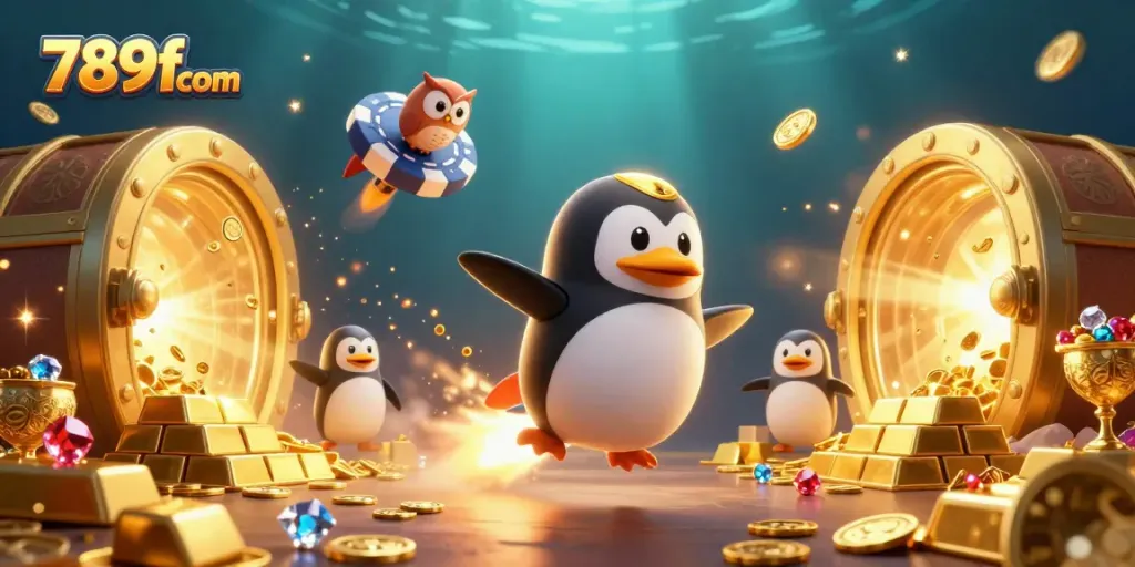 Experience the excitement of 789f com with a dynamic golden penguin and dazzling casino elements in this vibrant scene.