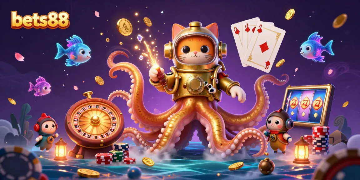 Experience the thrill at bets88 with a colorful 3D casino scene featuring a kraken, diving cat, and vibrant gaming elements.