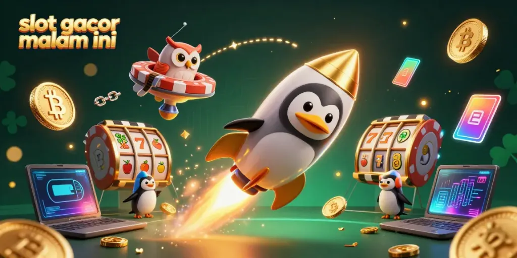 Mencoba keberuntungan di slot gacor malam ini, ilustrasi penguin keemasan yang meluncur dengan koin emas, dikelilingi elemen permainan slot.