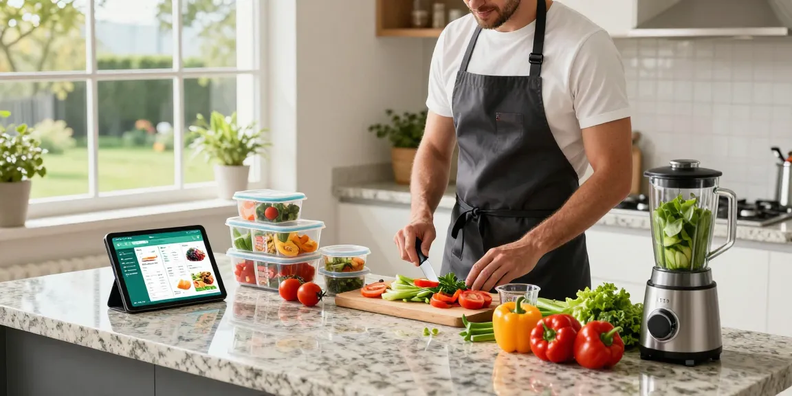 Home cook preparing a healthy meal while exploring the best nutrition tracking app on a tablet in a bright kitchen.