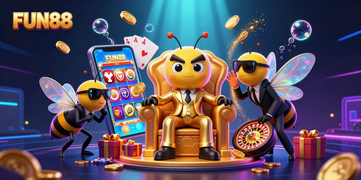 Experience FUN88 with vibrant slot games and thrilling characters in a dynamic casino scene.