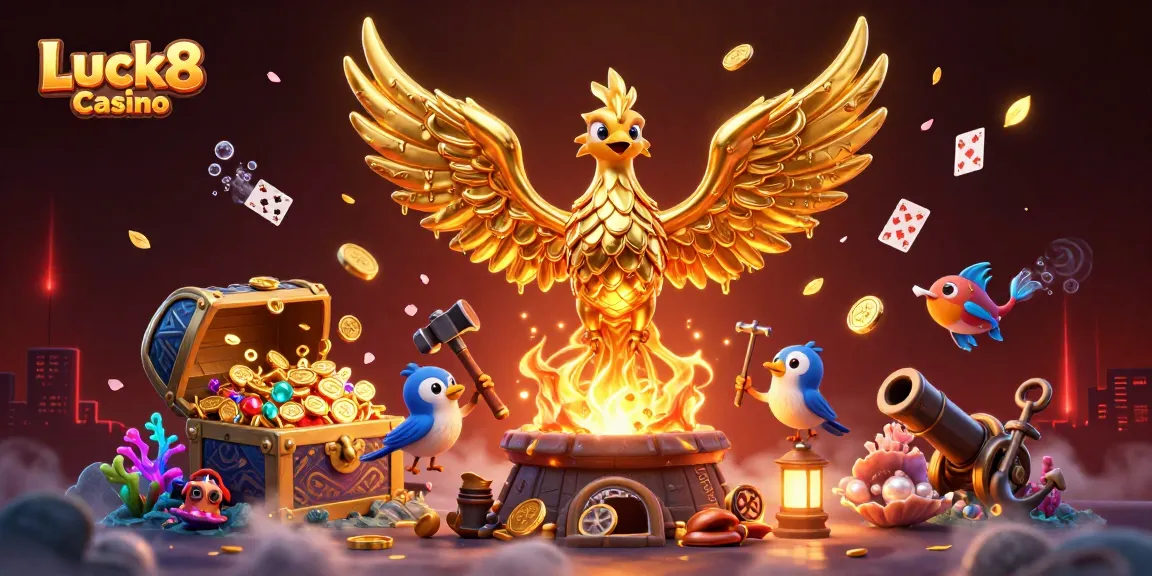 Engage in thrilling gameplay at Luck8 Casino, featuring a phoenix and bursting treasure.