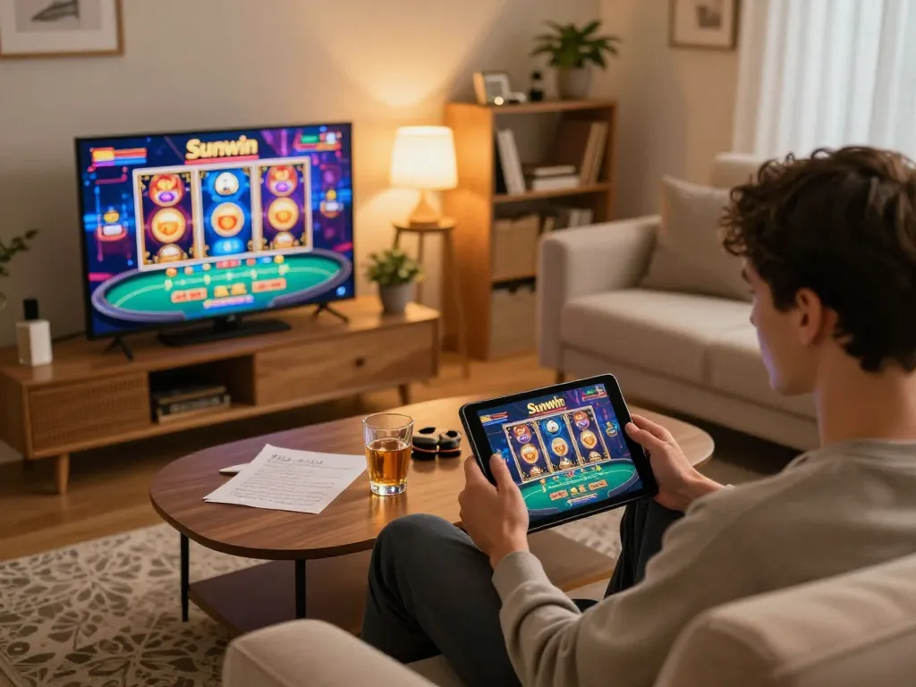 Người chơi tận hưởng trò chơi casino Sunwin trên máy tính bảng trong không gian sống ấm cúng.