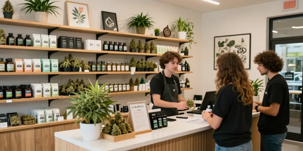 Vibrant weed shop UK interior with cannabis products and friendly staff.
