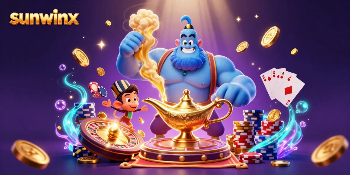 Engage in exciting gaming adventures with sunwinx illustrated by a dynamic genie and poker elements.