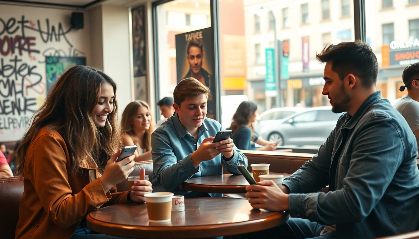 Engaging social scene highlighting young adults exploring onlyfans profiles near me in a vibrant cafe.