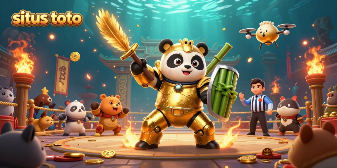 Situs toto showcases a dynamic golden panda piloting a bamboo fighting robot in an exciting gambling arena.