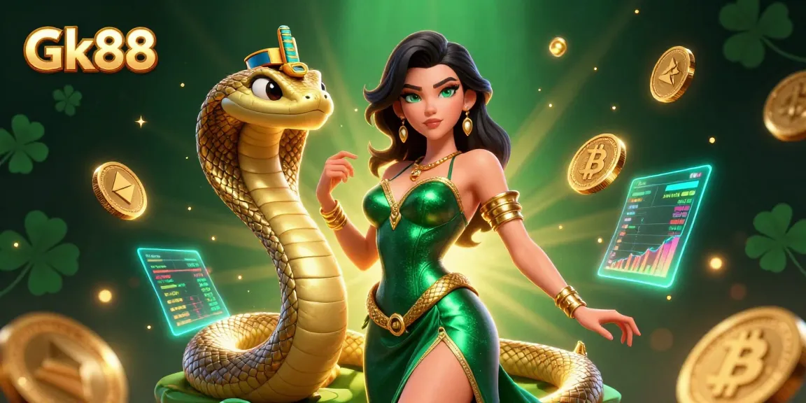Engage with Gk88's vibrant casino scene featuring a 3D woman in an emerald gown, Bitcoin and Ethereum coins, and golden elements.