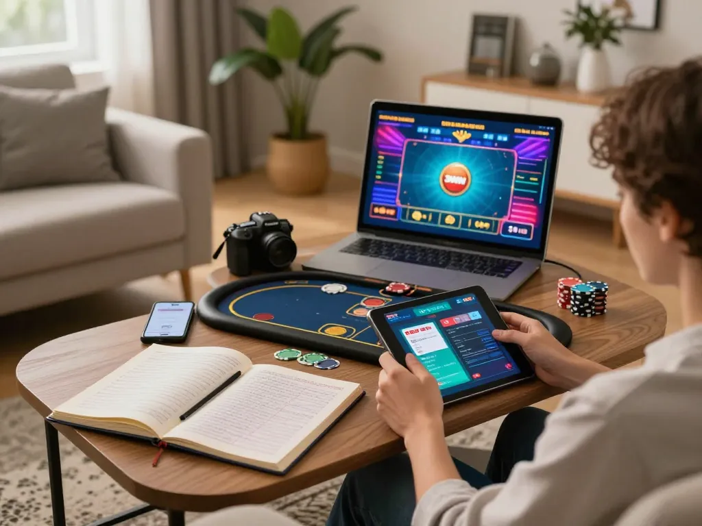 A player engaging in live poker on 3win actor app in a cozy home setting, highlighting strategic play and comfortable vibes.