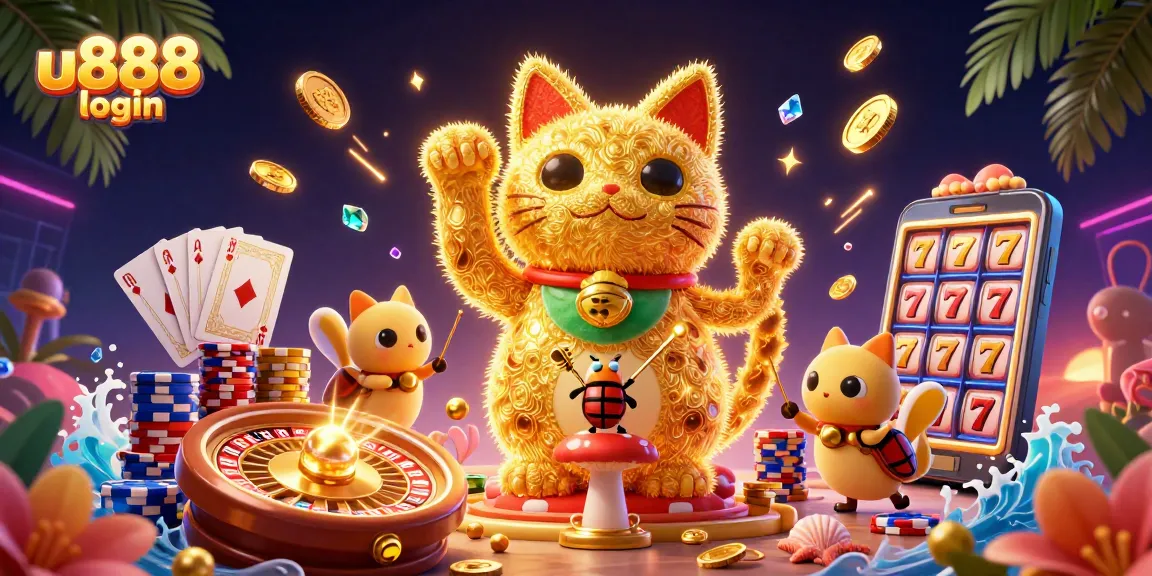 Experience the excitement of u888 login with a vibrant casino-themed illustration featuring lucky symbols and rewards.